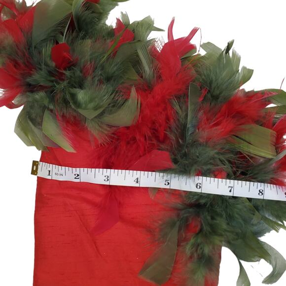 Vintage Silk Christmas Stocking Red Feathered Bell Accents Green Feathers 25" - Picture 12 of 13